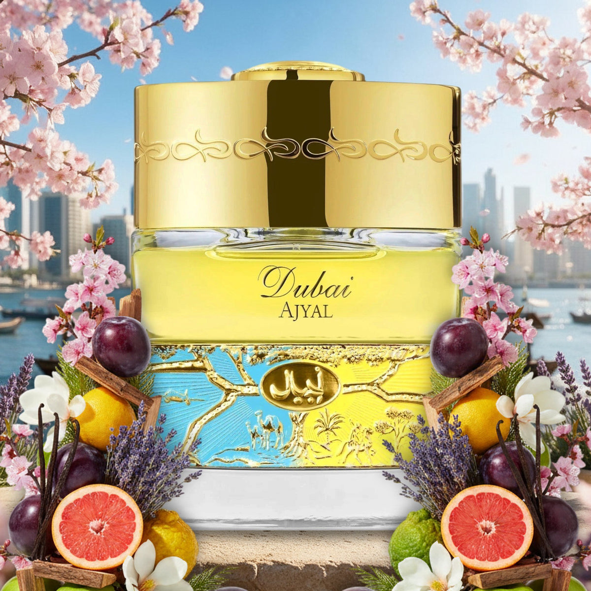 Dubai Ajyal von The Spirit of Dubai am Dubai Creek mit Abra-Booten im Frühling, mit Pflaumen, Kirschblüten und Lavendel
