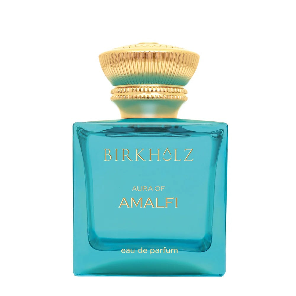 Flakon – Aura of Amalfi by Birkholz, türkisfarbene Flasche der Italian Collection, schlichtes Design. Kappe Gold.