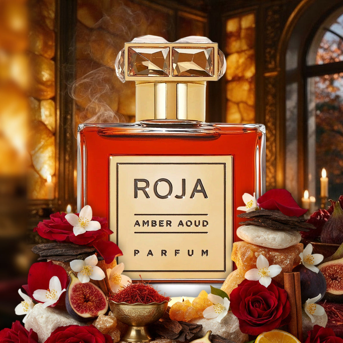 Amber Aoud von Roja im kerzenbeleuchteten Bernsteinzimmer am Herbstabend, mit Rosen, Feigen, Safran und Oudholz