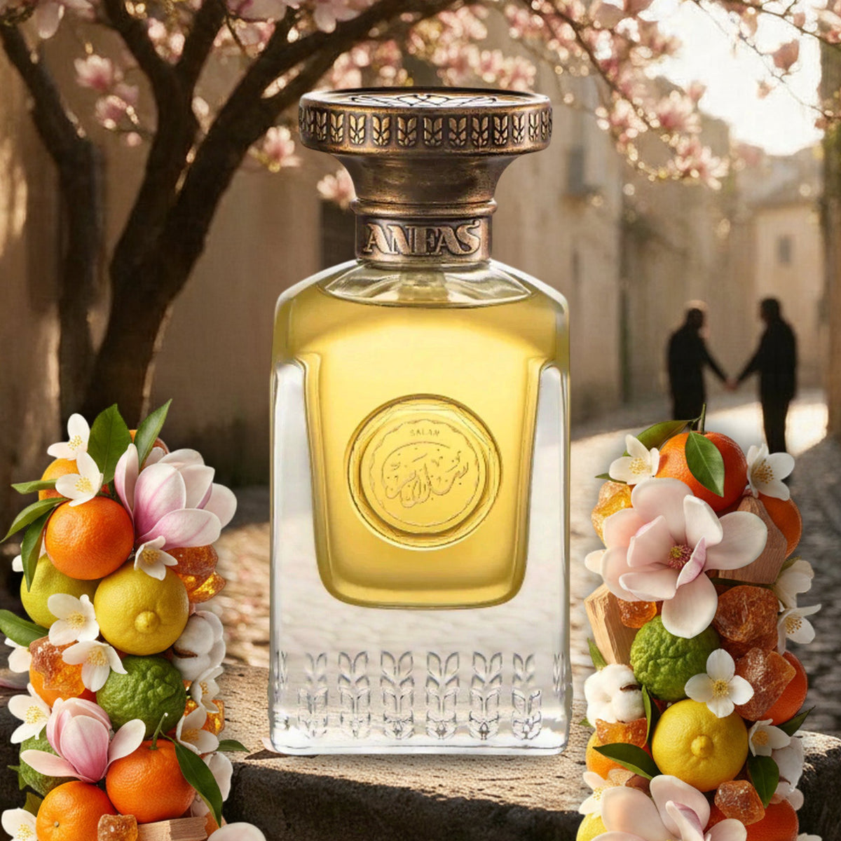Salam von Anfas in stiller Altstadtgasse unter blühender Magnolie im Frühling mit Mandarinen, Bergamotte und Jasmin