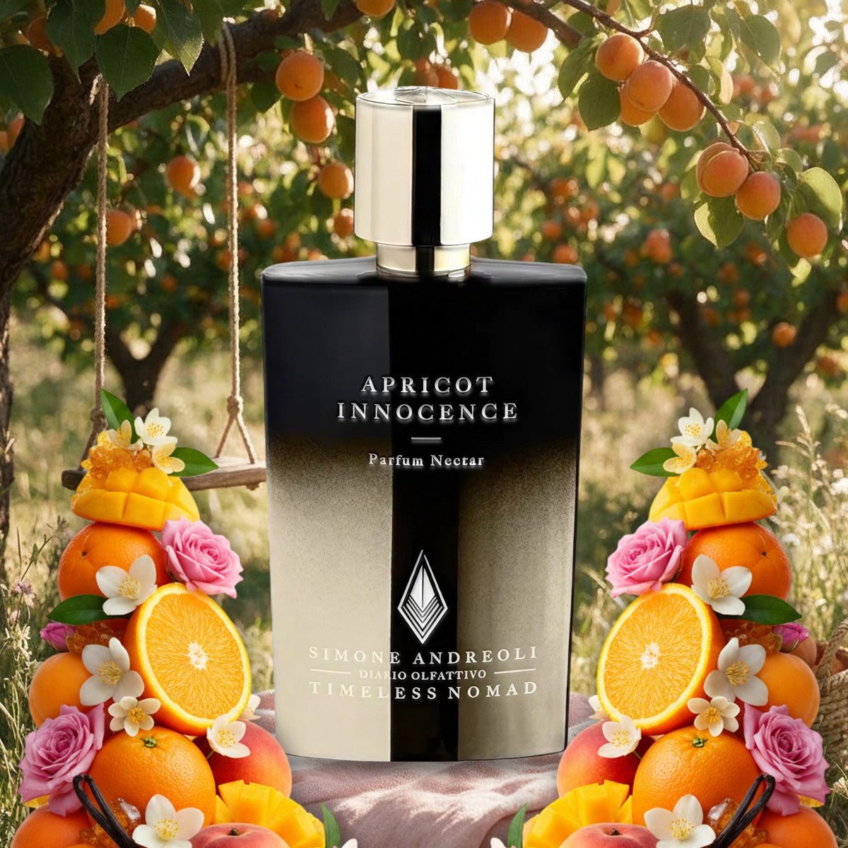 Apricot Innocence von Simone Andreoli im sonnigen Aprikosengarten mit Schaukel im Sommer, mit Aprikosen, Orangen und Rosen