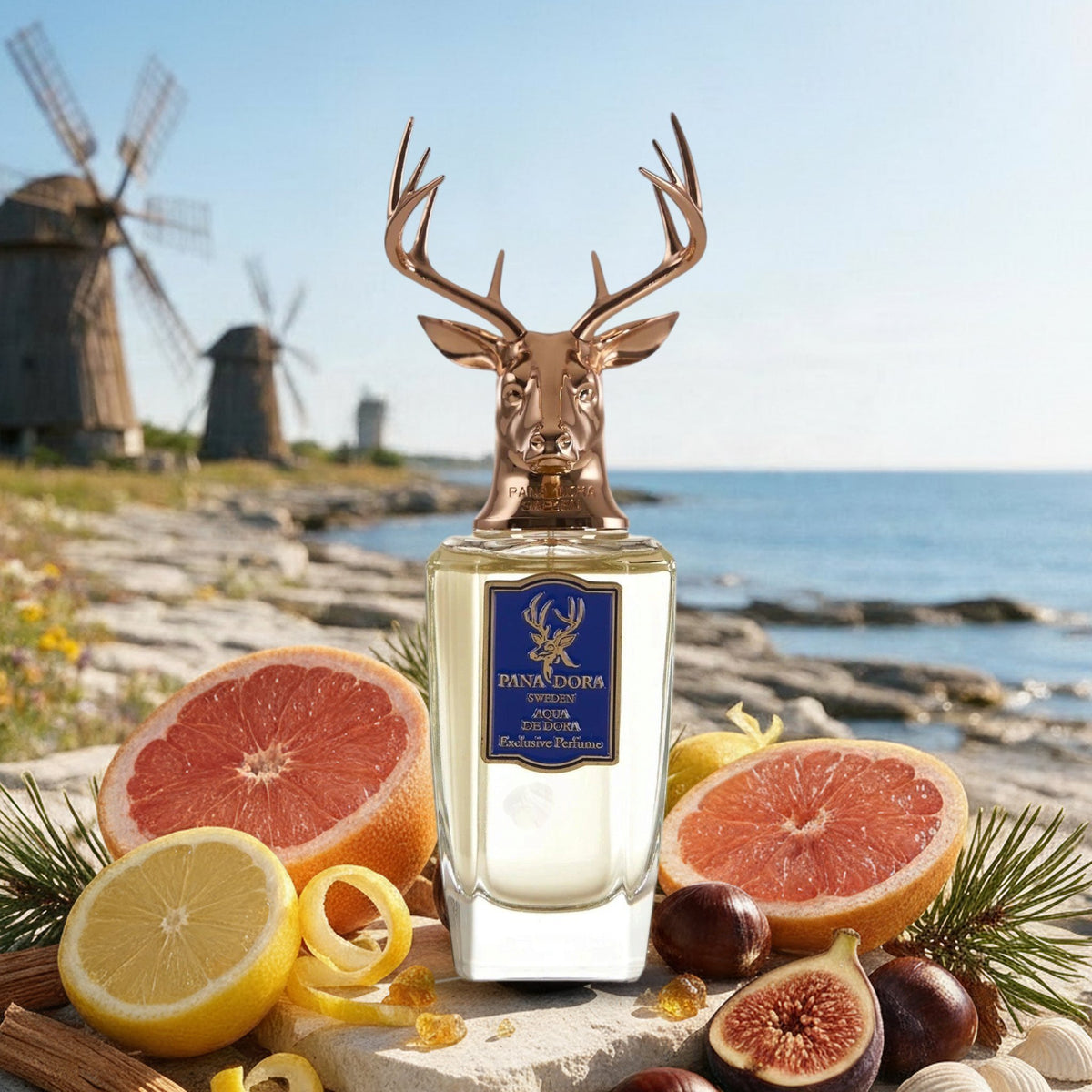Aqua de Dora von Pana Dora mit Grapefruit, Zitrone, Feige und Kastanie vor Windmühlen an der Küste Ölands im Sommer