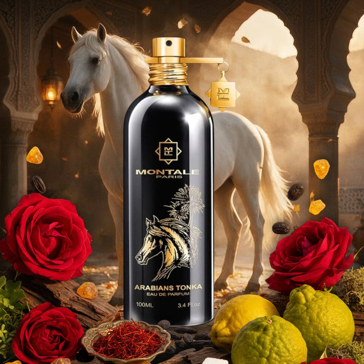 Arabians Tonka von Montale mit Rose, Safran, Tonkabohne und Bergamotte vor weißem Araberpferd im maurischen Palast im Herbst