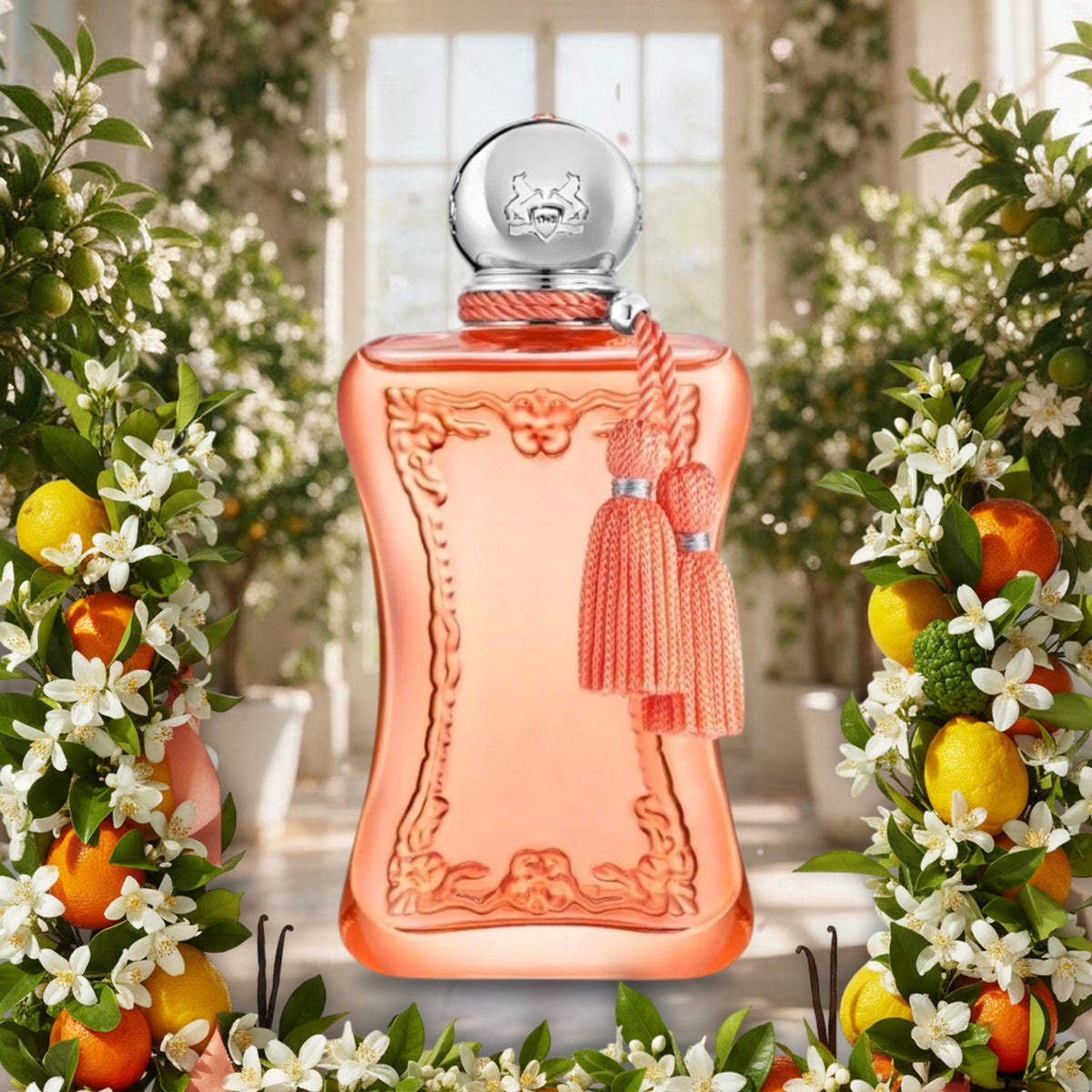 Athénaïs von Parfums de Marly in einer sonnigen Schloss-Orangerie im Frühling mit Orangenblüten, Yuzu und Jasmin