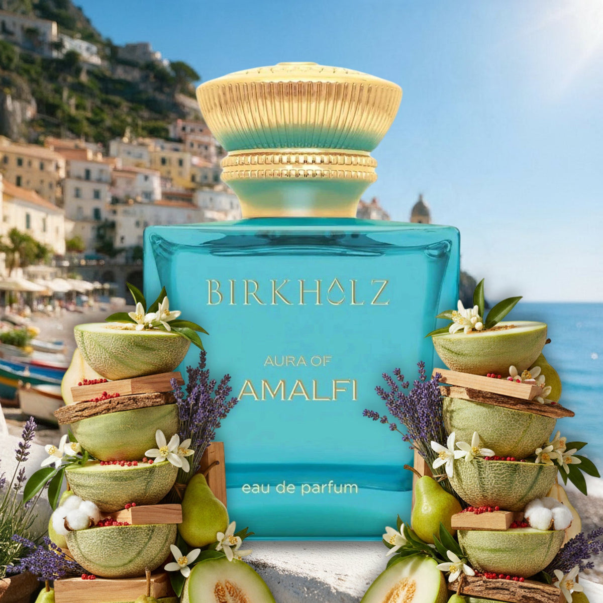 Aura of Amalfi von Birkholz an der Amalfiküste mit Fischerbooten im Sommer, mit Honigmelone, Birnen und Lavendel