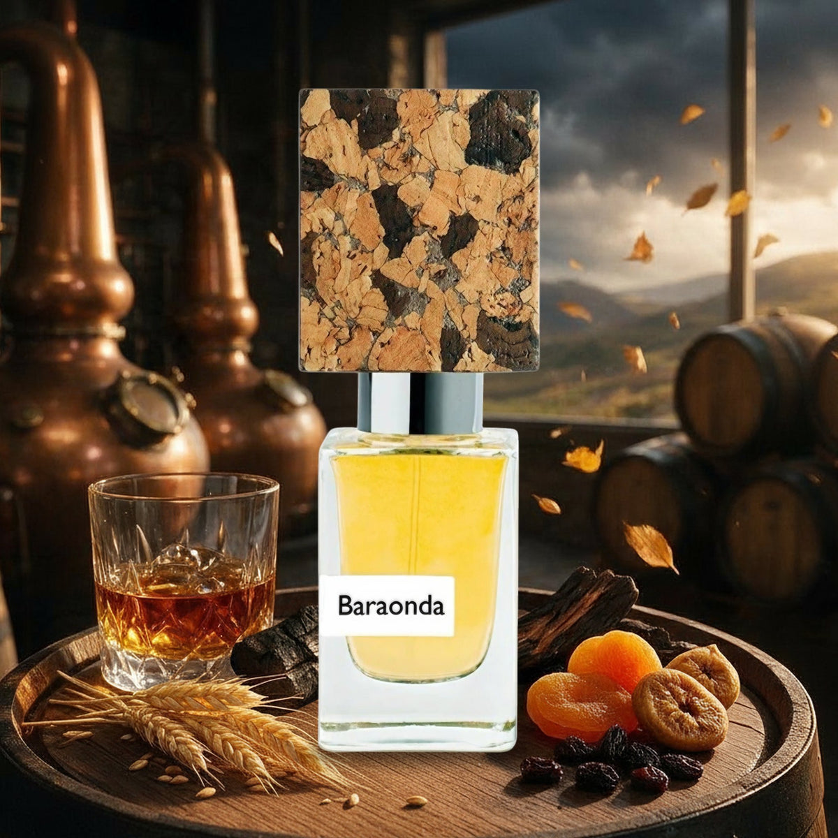 Baraonda von Nasomatto mit Single Malt Whisky, Gerste, Eichenholz und Trockenfrüchten in Whisky-Destillerie im Herbst