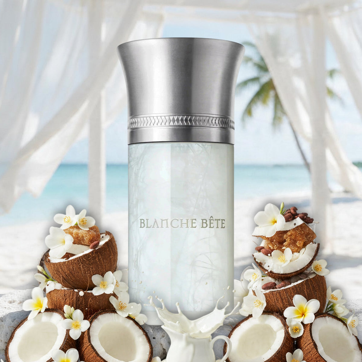 Blanche Bête von Liquides Imaginaires im weißen Tropenparadies am Sommerstrand, mit Kokosnüssen, Milch und weißen Blüten