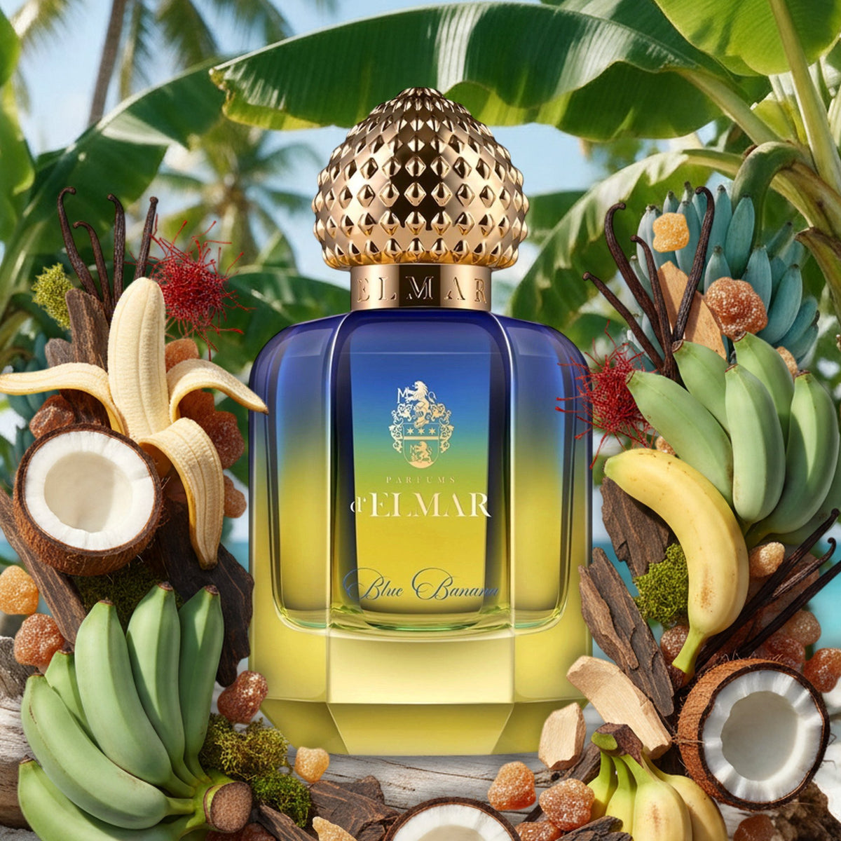 Blue Banana von Parfums d’Elmar am Sommerstrand vor Blue-Java-Bananenstauden, umrahmt von Bananen, Kokosnuss und Vanille