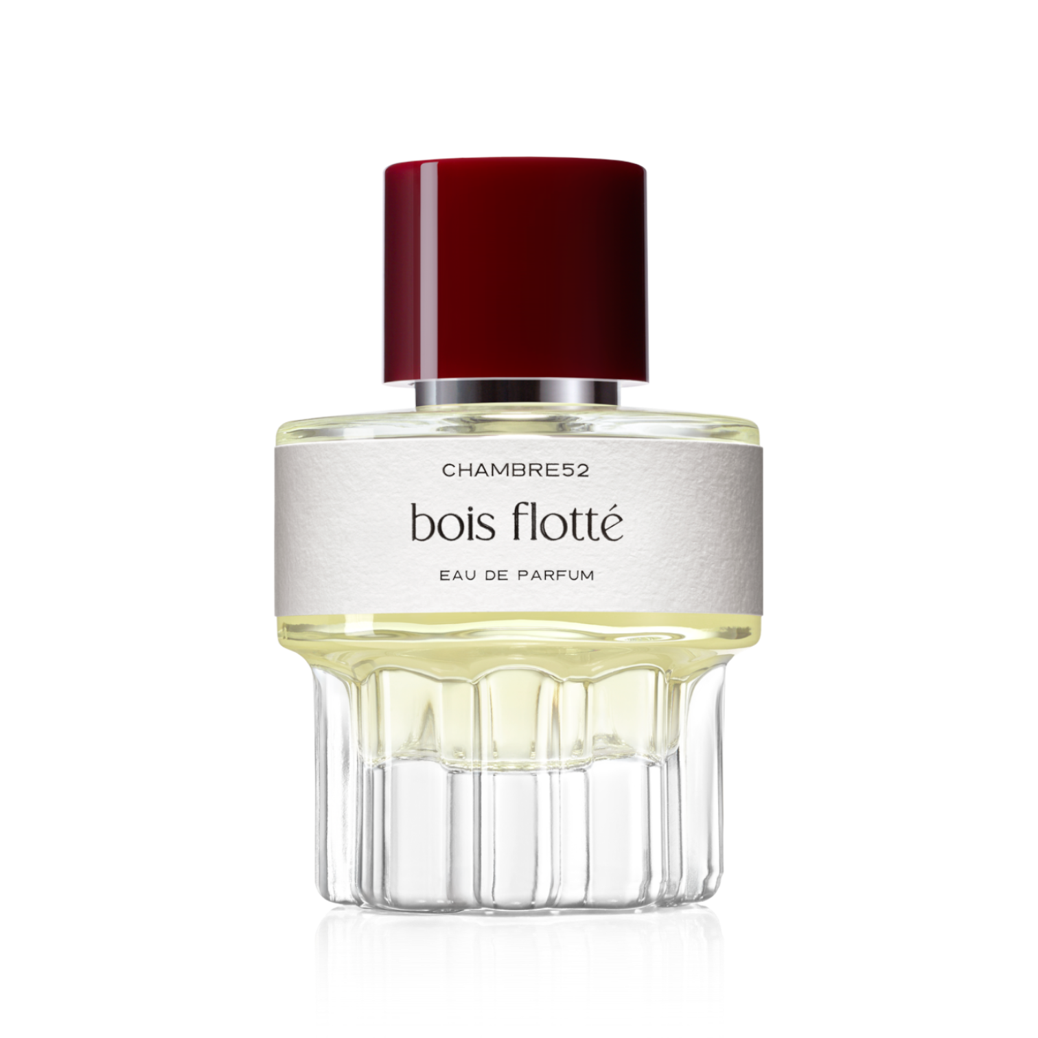 52ml Flakon von Bois Flotté von Chambre52 – rundes Glasflakon mit bordeauxrotem Deckel, minimalistischem Label und goldenem Duftinhalt.