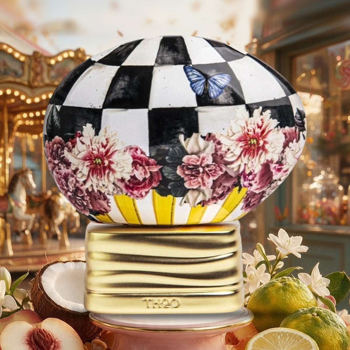 Bonbon Pop von The House of Oud mit Pfirsich, Kokosnuss und braunem Zucker vor Karussell und Bonbonladen im Herbst