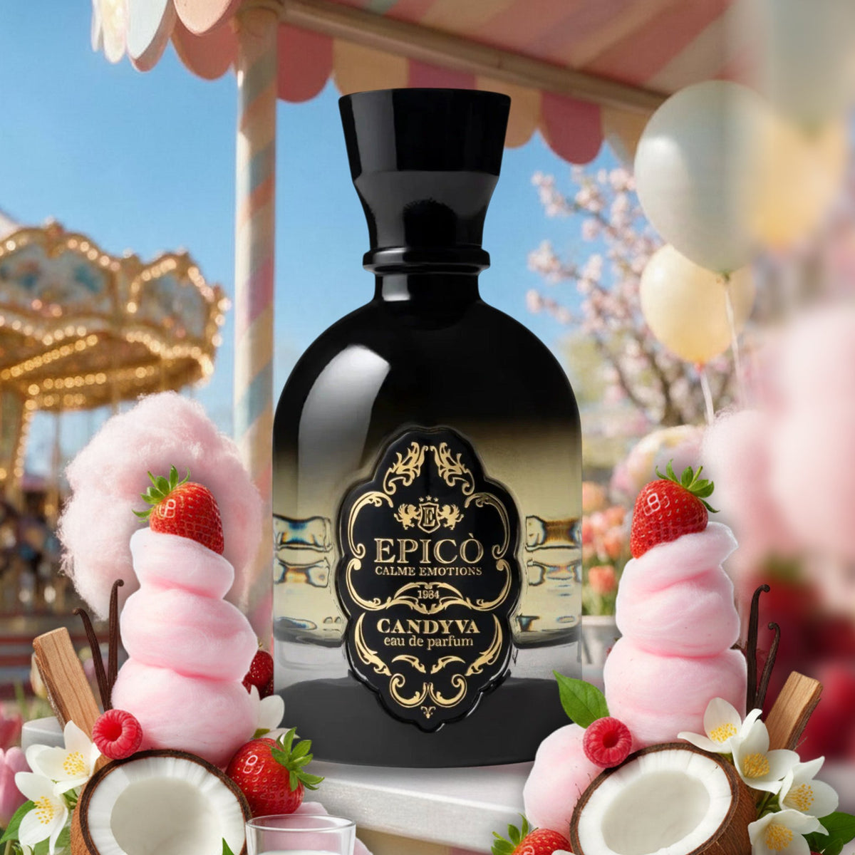 Candyva von Epico Parfum auf dem Frühlingsjahrmarkt mit Karussell, mit Zuckerwatte, Erdbeeren, Himbeeren und Kokosnuss