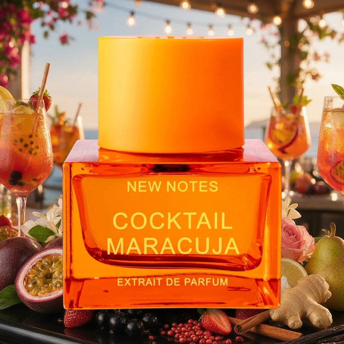 Cocktail Maracuja von New Notes mit Passionsfrucht, Erdbeeren, Birne und Ingwer vor Aperitivo-Terrasse am Meer im Sommer