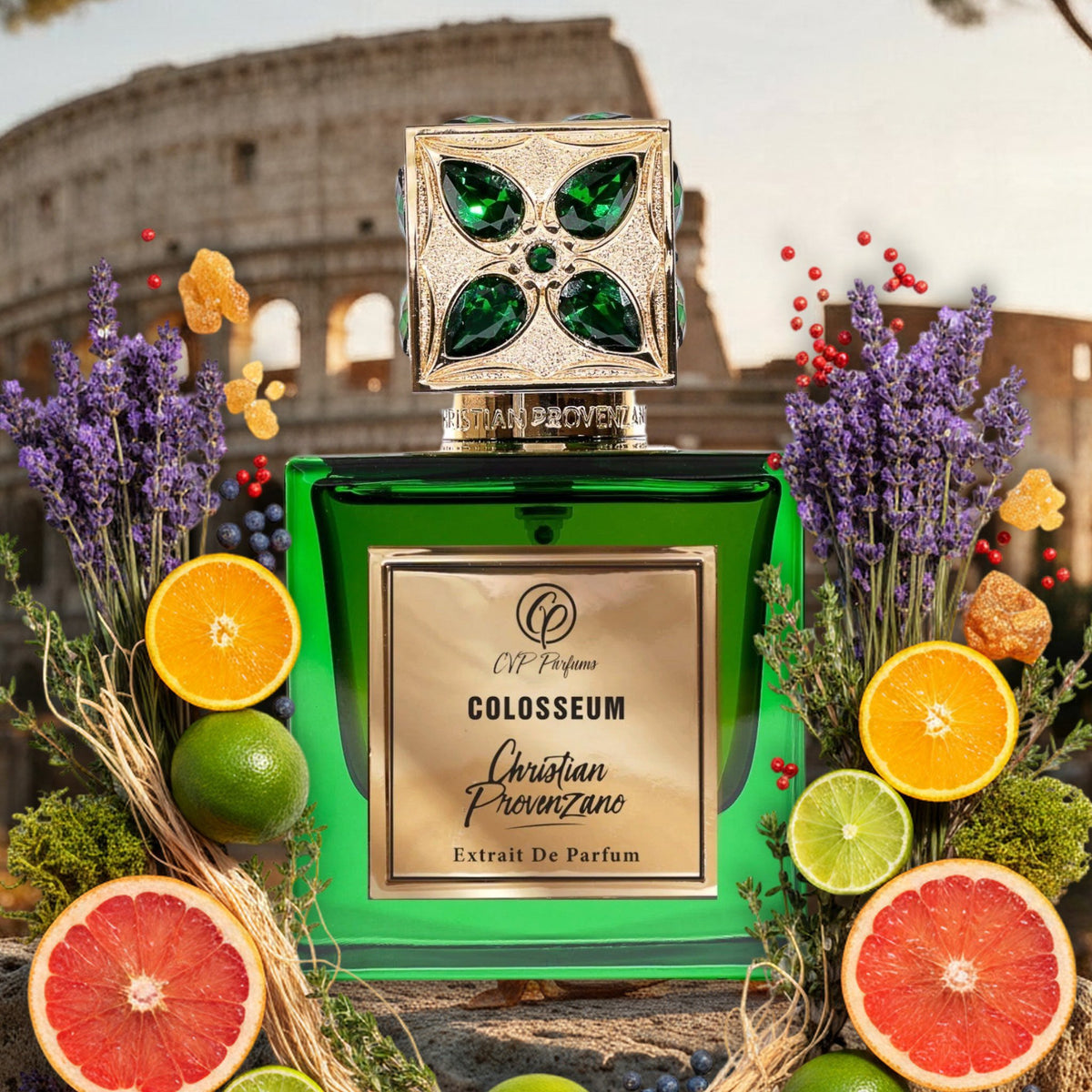 Colosseum von Christian Provenzano vor dem Kolosseum in Rom im Herbstlicht, umrahmt von Grapefruit, Orange und Lavendel