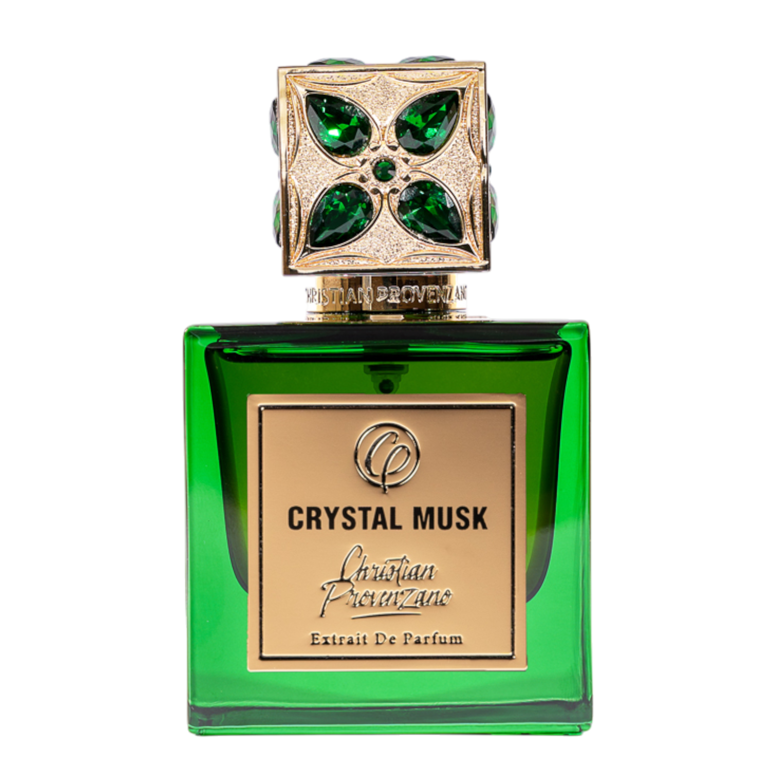Christian Provenzano Crystal Musk Extrait de Parfum im smaragdgrünen Glasflakon mit goldfarbener Plakette und kunstvoll verziertem Verschluss mit grünen Schmucksteinen.