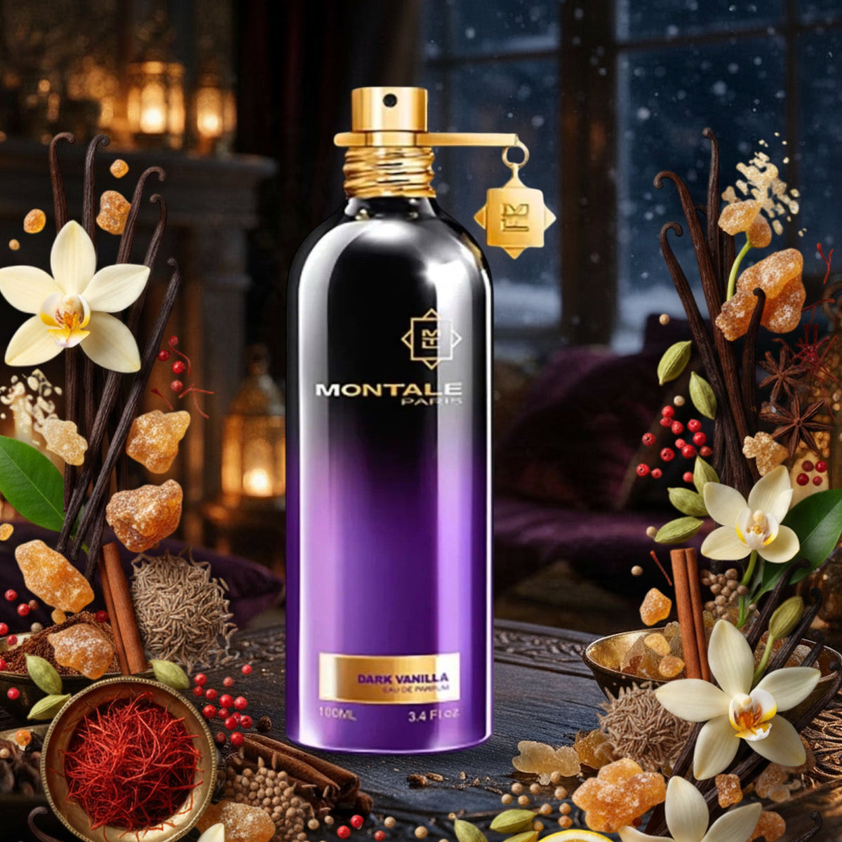 Dark Vanilla von Montale in orientalischer Lounge mit Kamin und Schneefall, umrahmt von Vanille, Safran, Kardamom und Amber