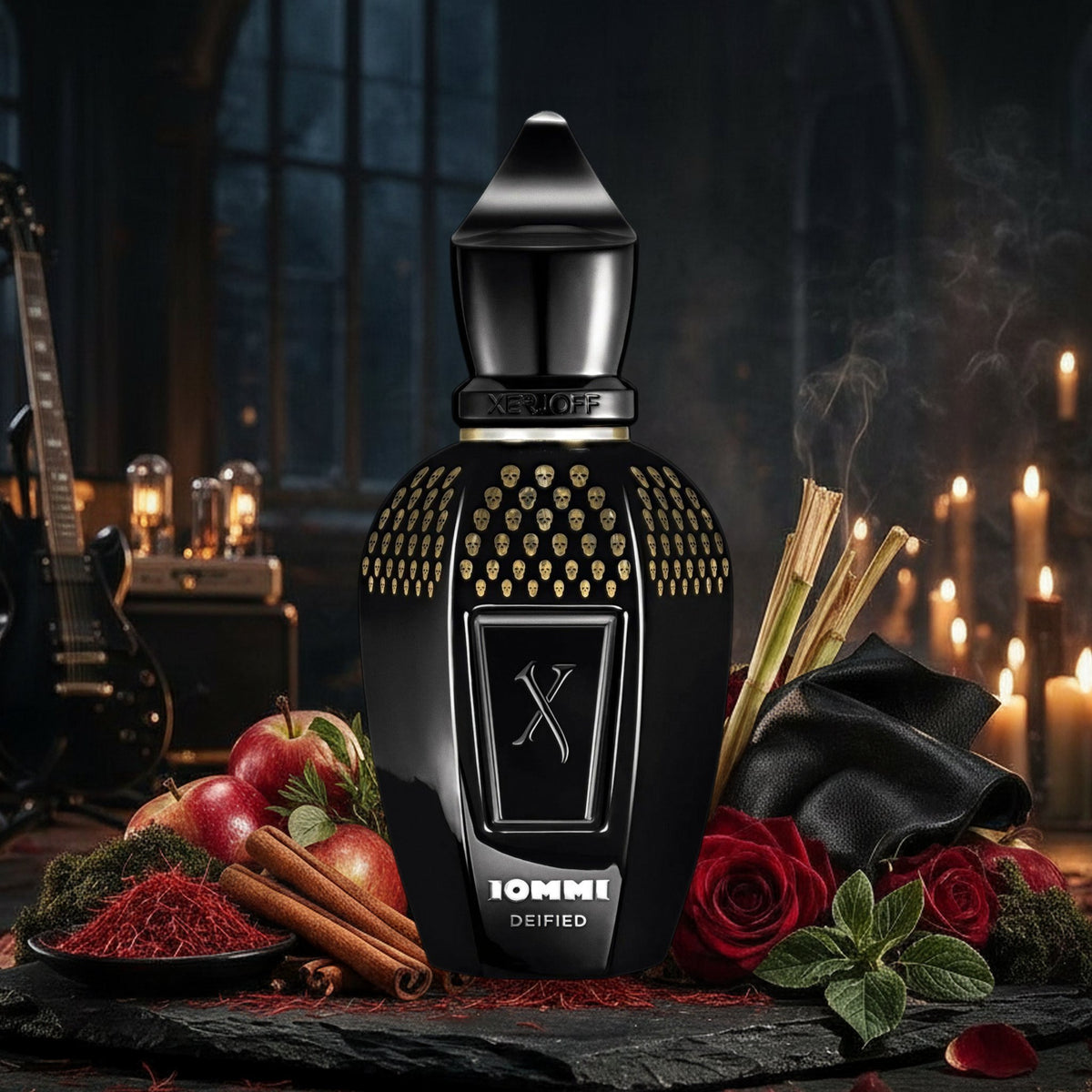 Deified Tony Iommi von Xerjoff mit Safran, Zimt, Äpfeln, Rosen und Leder vor Gitarre und Kerzen in gotischer Halle im Herbst