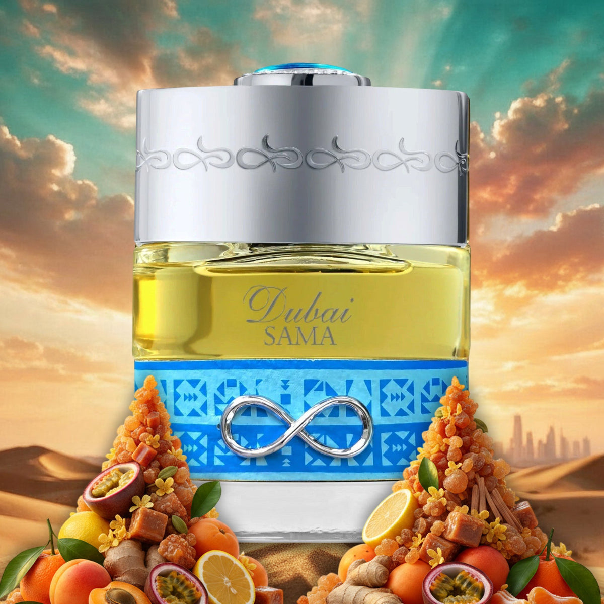 Dubai Sama von The Spirit of Dubai auf einer Wüstendüne unter weitem Sommerhimmel, mit Aprikosen und Passionsfrucht