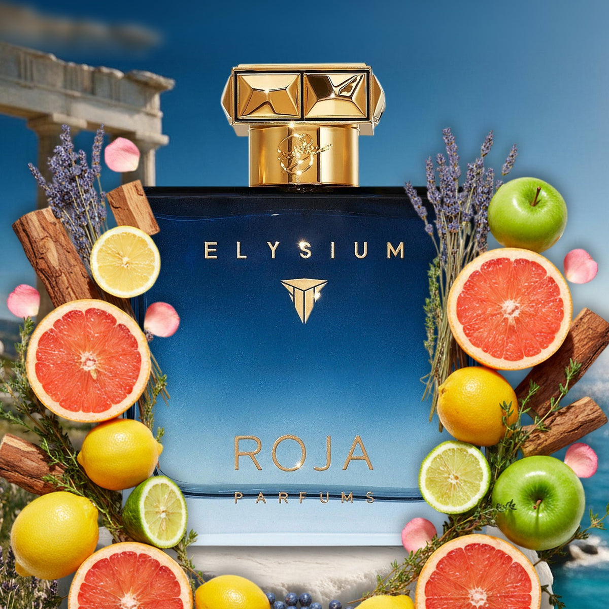 Elysium Pour Homme von Roja vor griechischem Tempel am Sommermeer, umrahmt von Grapefruit, Zitrone, Lavendel und Apfel