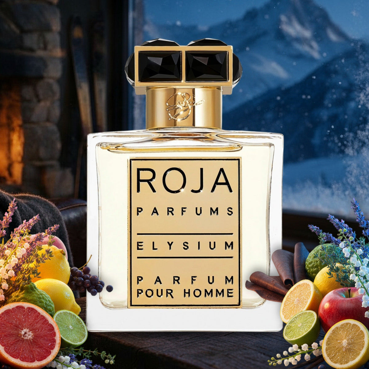 Elysium Pour Homme Parfum von Roja – Flakon mit Grapefruit, Zitrone, Lavendel, Apfel und Johannisbeere im Winter-Chalet