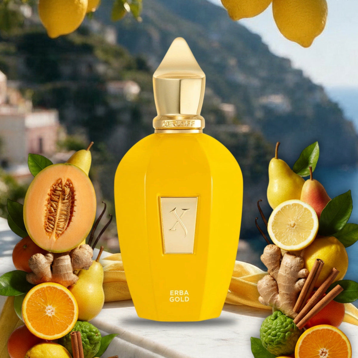 Erba Gold von Xerjoff – Flakon mit Melone, Birne, Zitrone, Orange, Ingwer und Zimt auf sommerlicher Amalfi-Terrasse