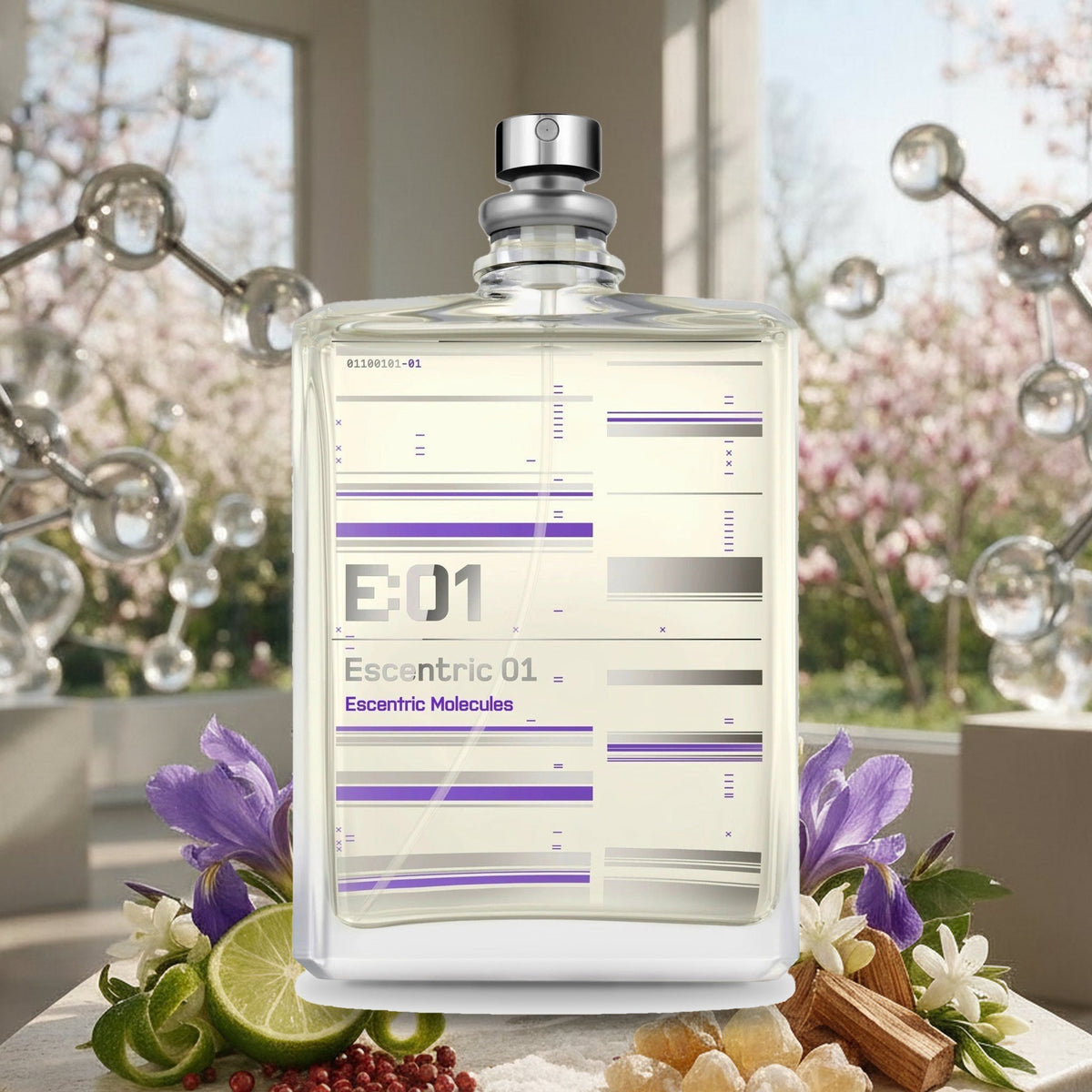 Escentric 01 von Escentric Molecules mit Limette, rosa Pfeffer, Iris und Weihrauch vor Molekül-Skulpturen im Frühling