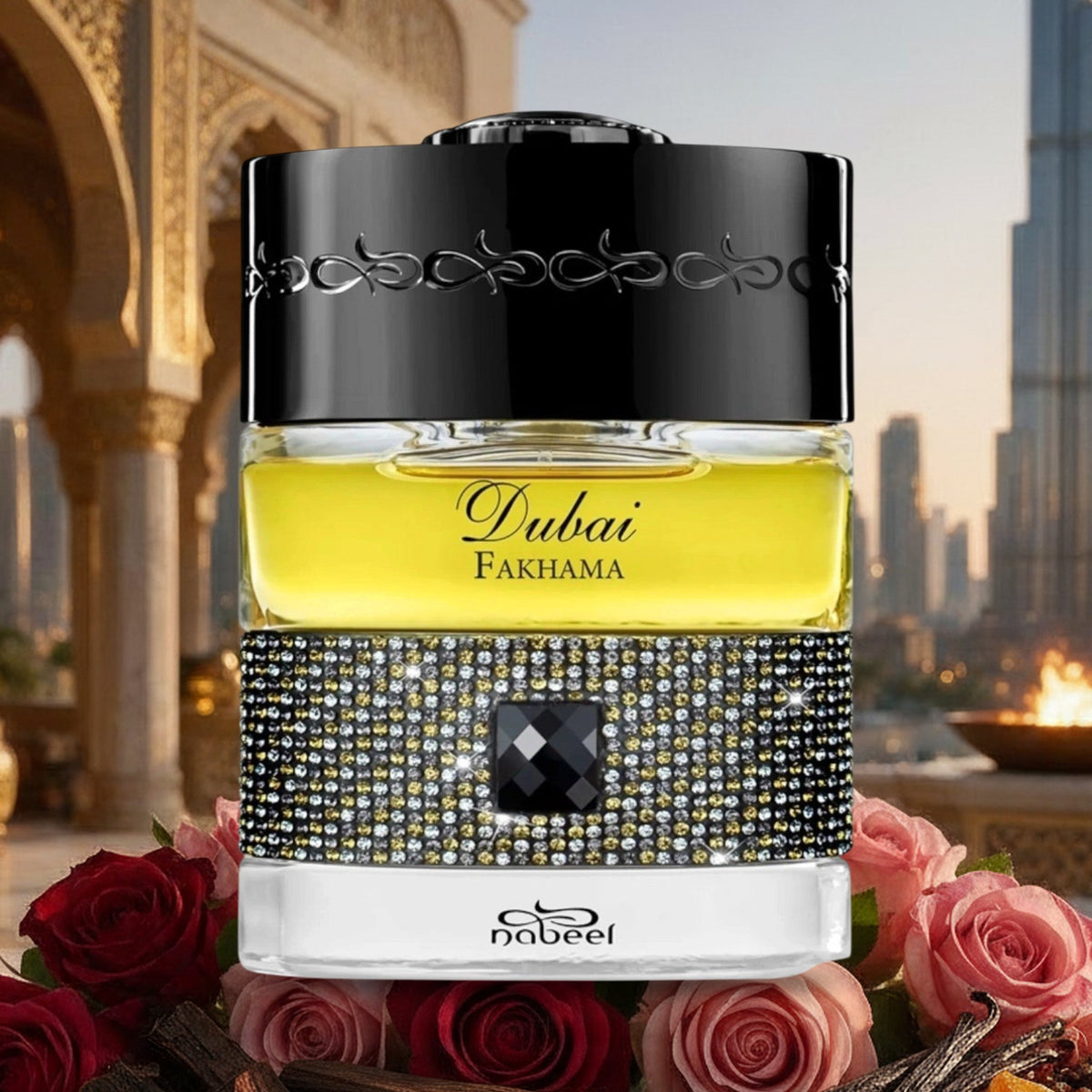 Dubai Fakhama von The Spirit of Dubai mit Rosen, Oud und Vanille vor Palastterrasse mit Skyline von Dubai am Winterabend