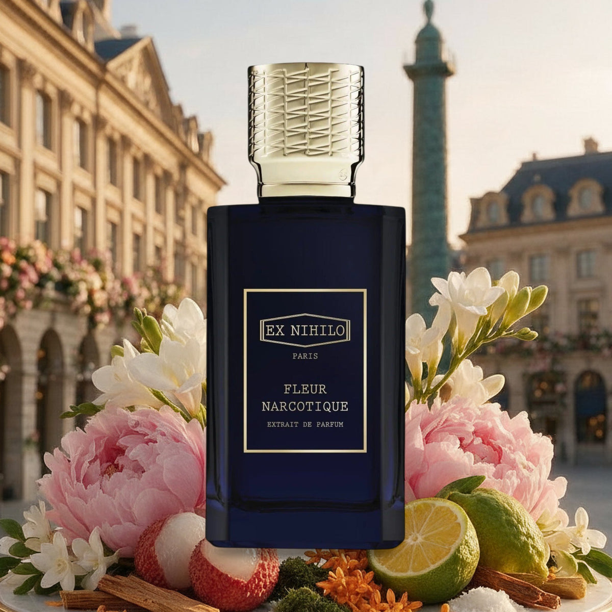 Fleur Narcotique Extrait von Ex Nihilo mit Pfingstrosen, Freesien, Litschi und Bergamotte vor der Place Vendôme im Frühling