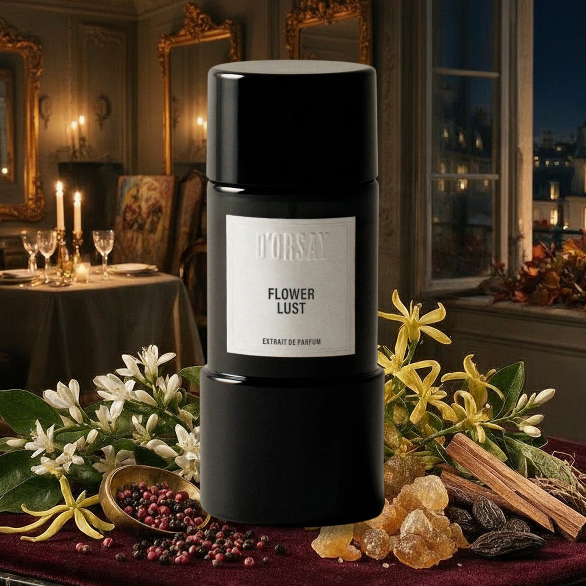Flower Lust von D'Orsay mit Orangenblüte, Ylang-Ylang, Pfeffer und Benzoe in Pariser Salon bei Kerzenlicht im Herbst