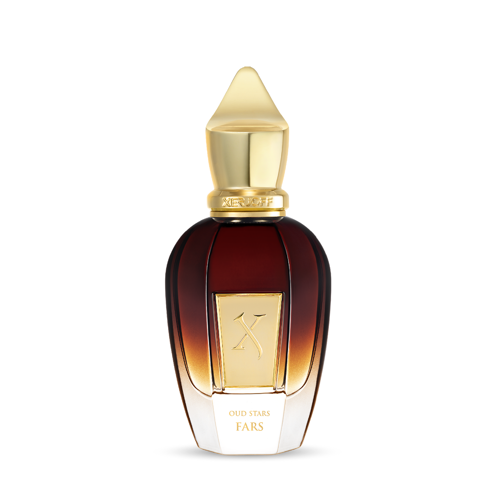 Flakon von Xerjoff Fars – Oud Stars Collection, schlichter klarer Glasflakon mit goldenem Logo