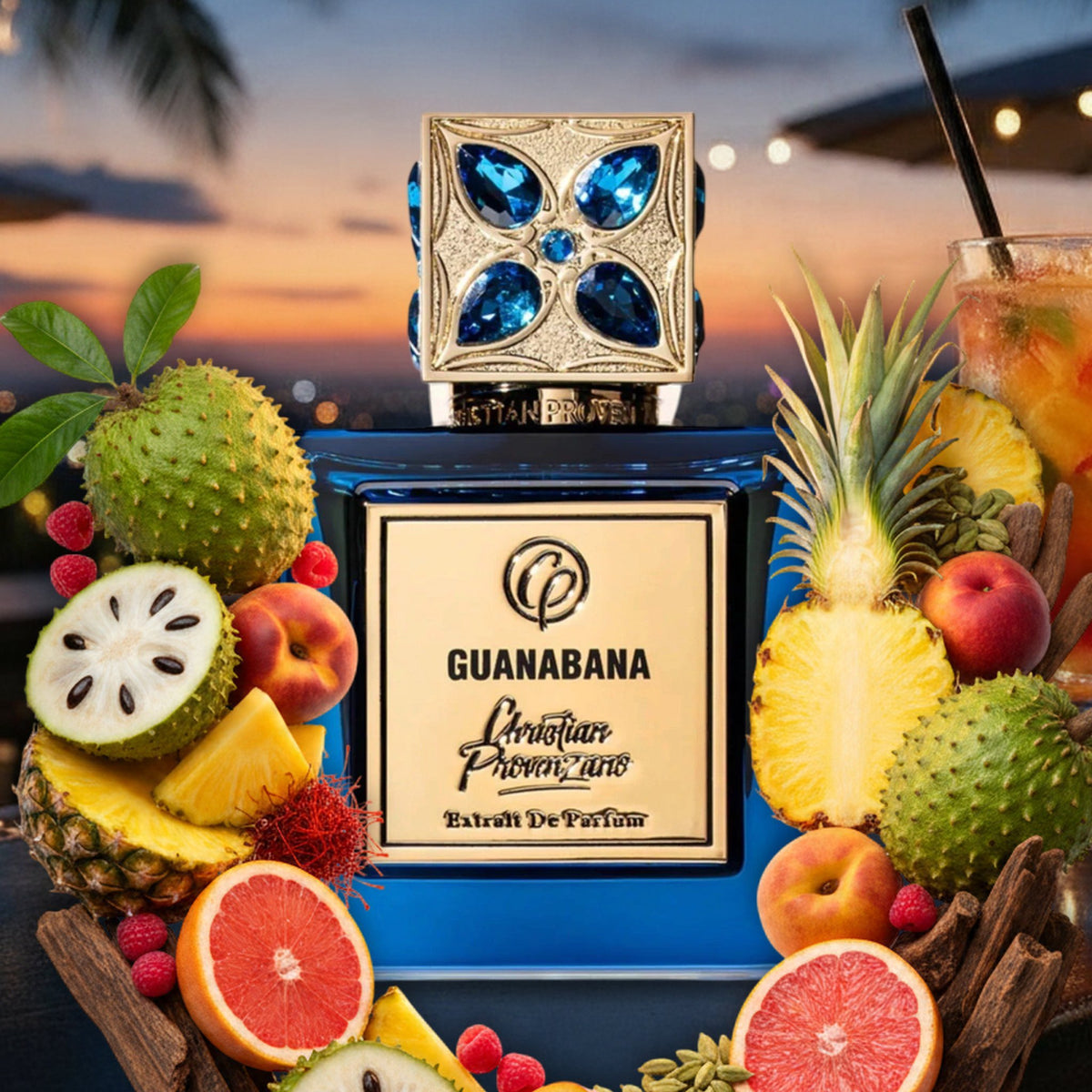 Guanabana von Christian Provenzano an Rooftop-Bar in Sommerdämmerung mit Cocktail, umrahmt von Guanabana, Ananas und Pfirsich