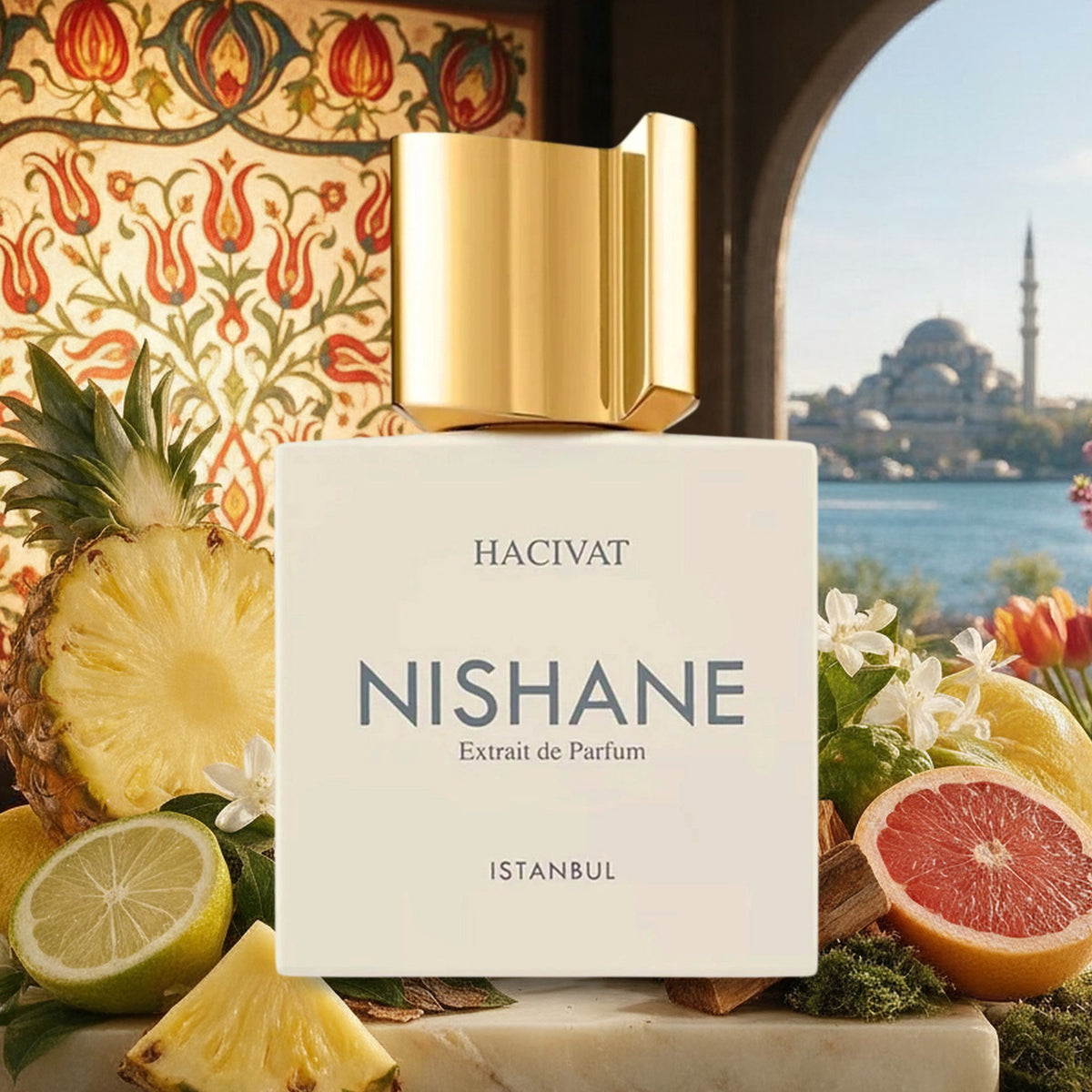 Hacivat von Nishane mit Ananas, Bergamotte, Grapefruit und Zedernholz vor Schattenspiel-Leinwand und Bosporus im Frühling