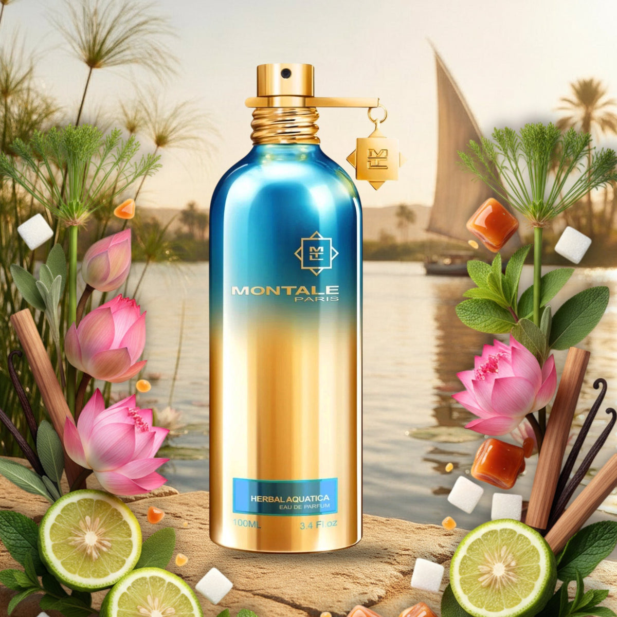 Herbal Aquatica von Montale am Nilufer im Sommerabendlicht mit Feluke, umrahmt von Lotus, Papyrus, Minze und Bergamotte