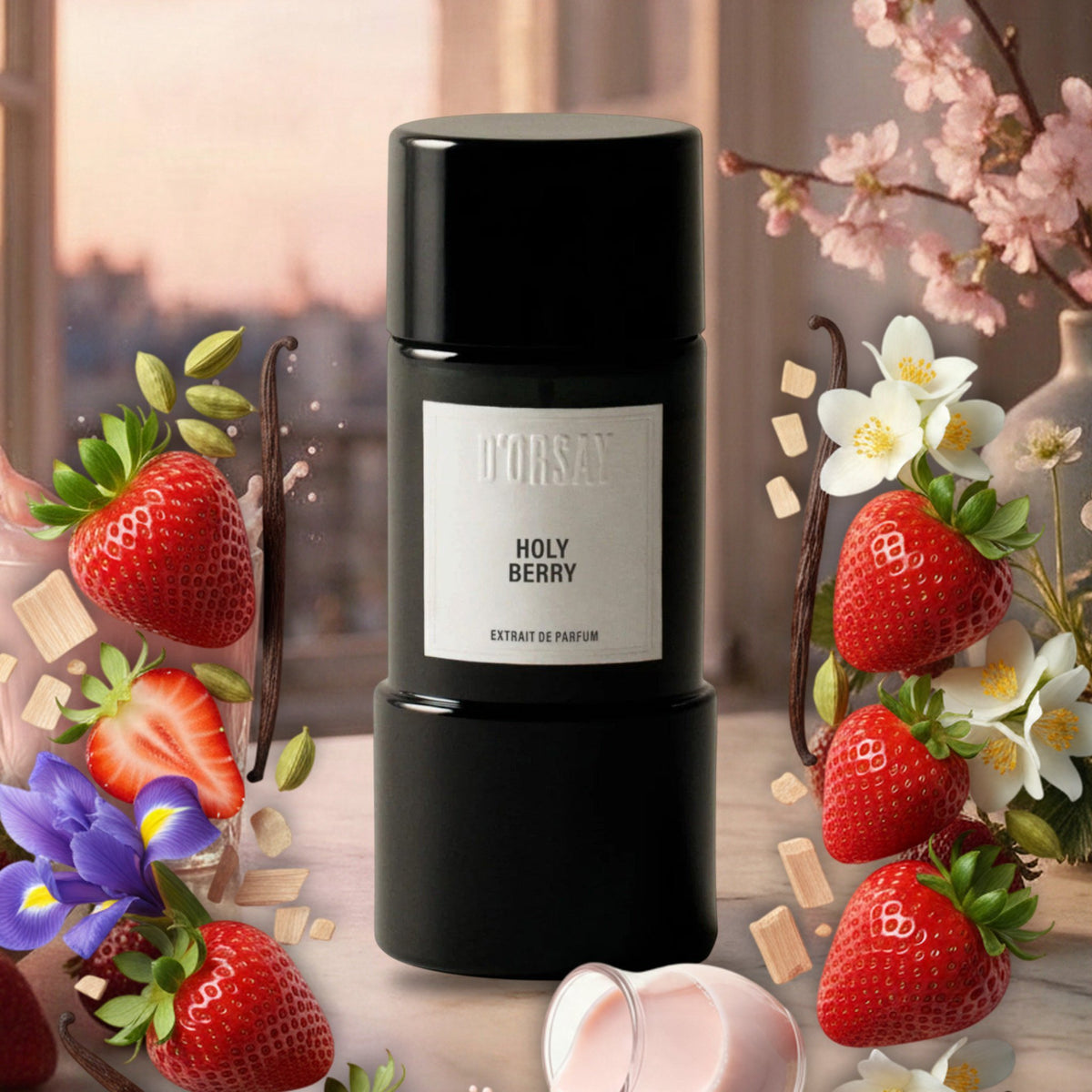 Holy Berry von D'Orsay – Flakon mit Erdbeeren, Erdbeermilch, Kardamom, Iris, Jasmin und Vanille am Pariser Frühlingsfenster