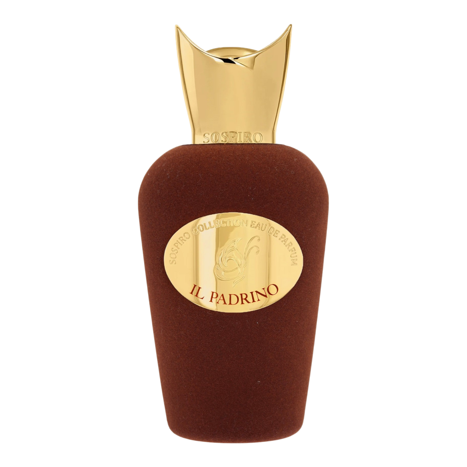 Sospiro Il Padrino Eau de Parfum im braunen Samtflakon mit goldfarbenem Verschluss und goldener Plakette.