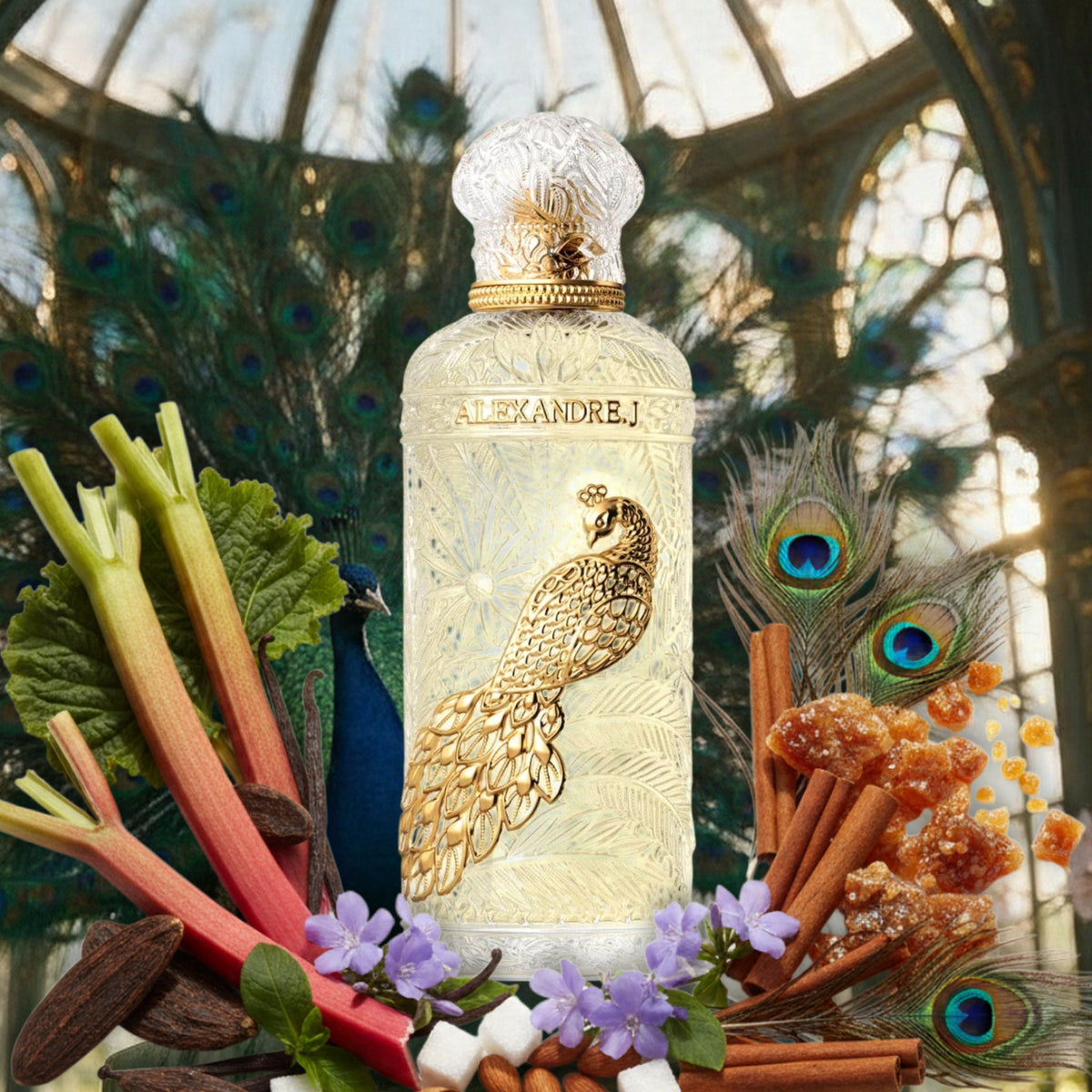 Imperial Peacock von Alexandre.J – Flakon mit Mandeln, Rhabarber, Heliotrop, Zimt und Vanille vor Pfau im Jugendstil-Glashaus