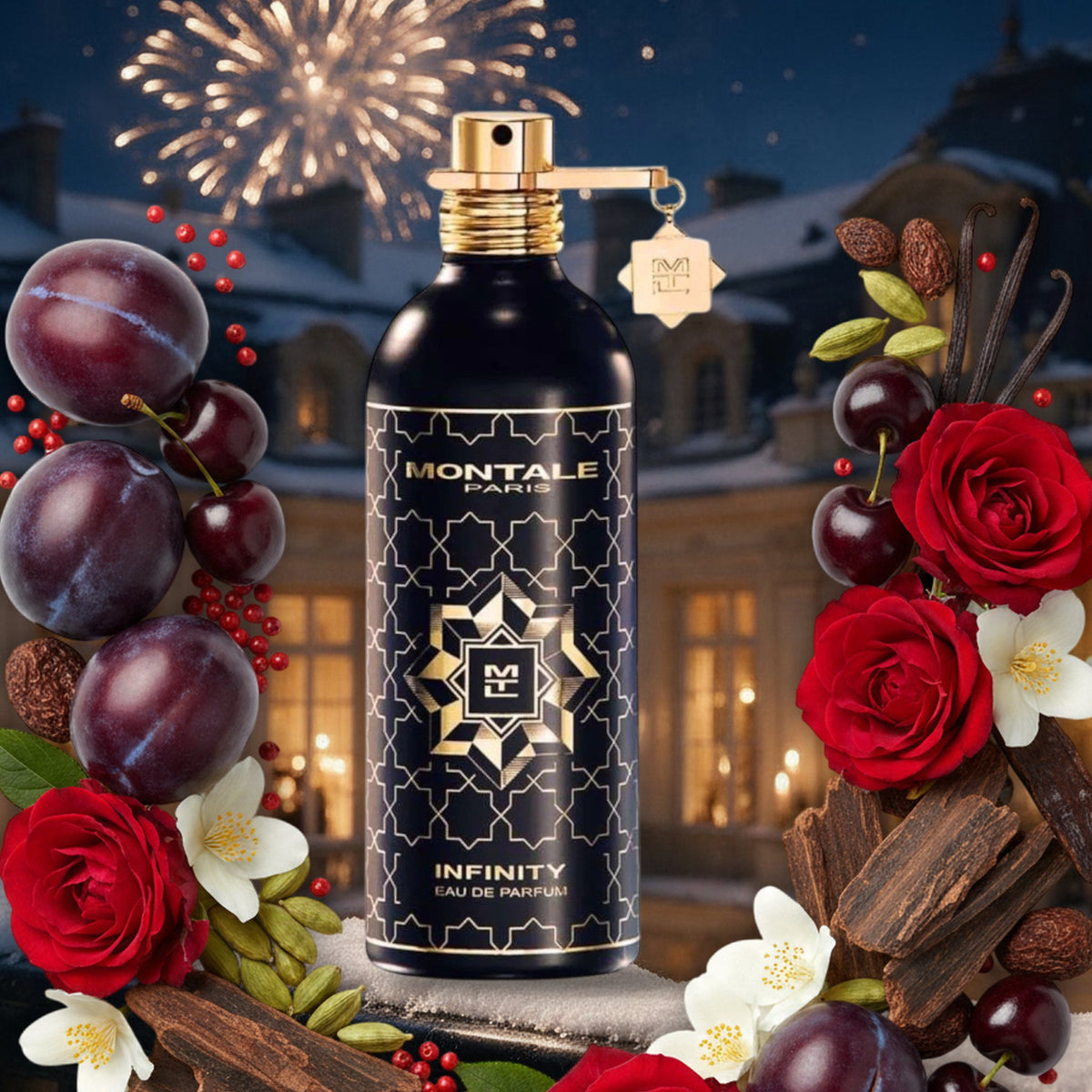 Infinity von Montale auf verschneitem Palastbalkon mit Feuerwerk, umrahmt von Pflaumen, Kirschen, Rosen, Jasmin und Oud