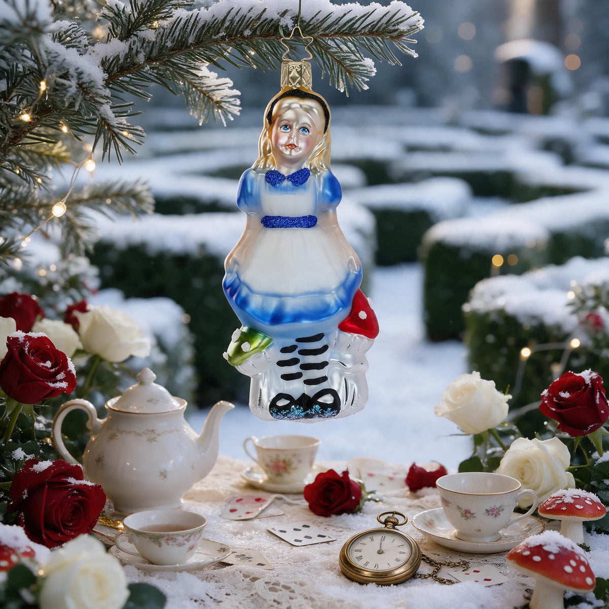 Inge Glas Anhänger Miss Kingsleigh aus Alice im Wunderland, ca. 14 cm, an einem verschneiten Tannenzweig über einer Teeparty mit Porzellankanne, Teetassen, Taschenuhr, Spielkarten, roten und weißen Rosen und Fliegenpilzen vor einem verschneiten Heckenlabyrinth – Szenenbild mit KI gestaltet, Produkt im Original.
