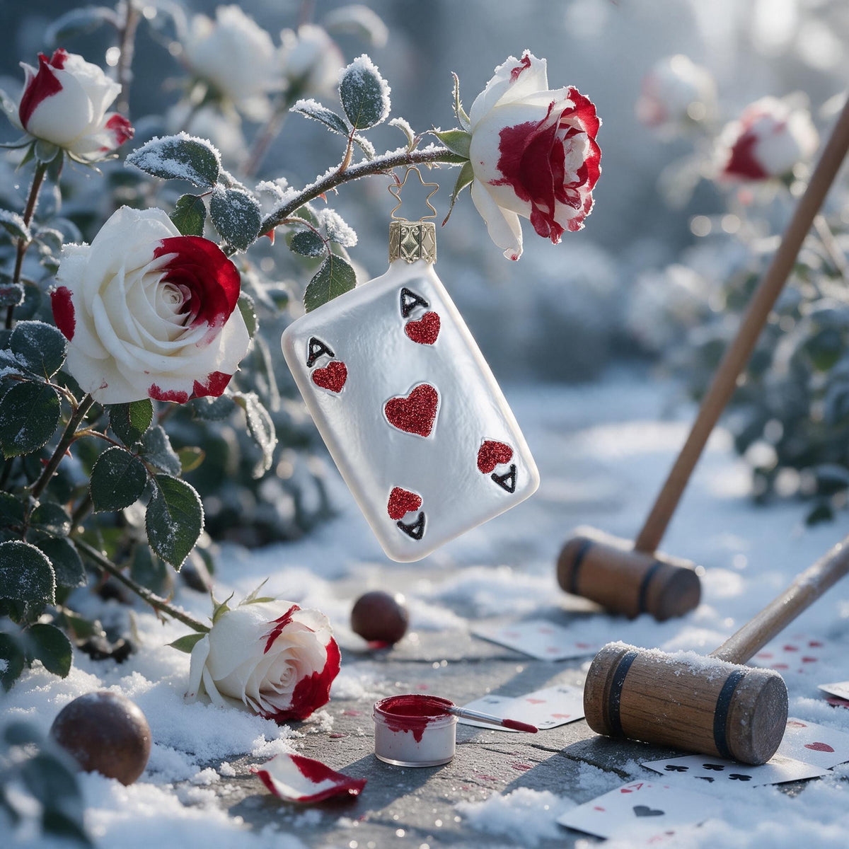 Inge Glas Anhänger Herz-Ass-Spielkarte aus der Serie Alice im Wunderland, ca. 8,5 cm, an einem bereiften Rosenstrauch im verschneiten Rosengarten der Herzkönigin, mit weißen Rosen, die halb rot angemalt sind, Farbtopf mit Pinsel, verstreuten Spielkarten und Krocketschlägern – Szenenbild mit KI gestaltet, Produkt im Original.