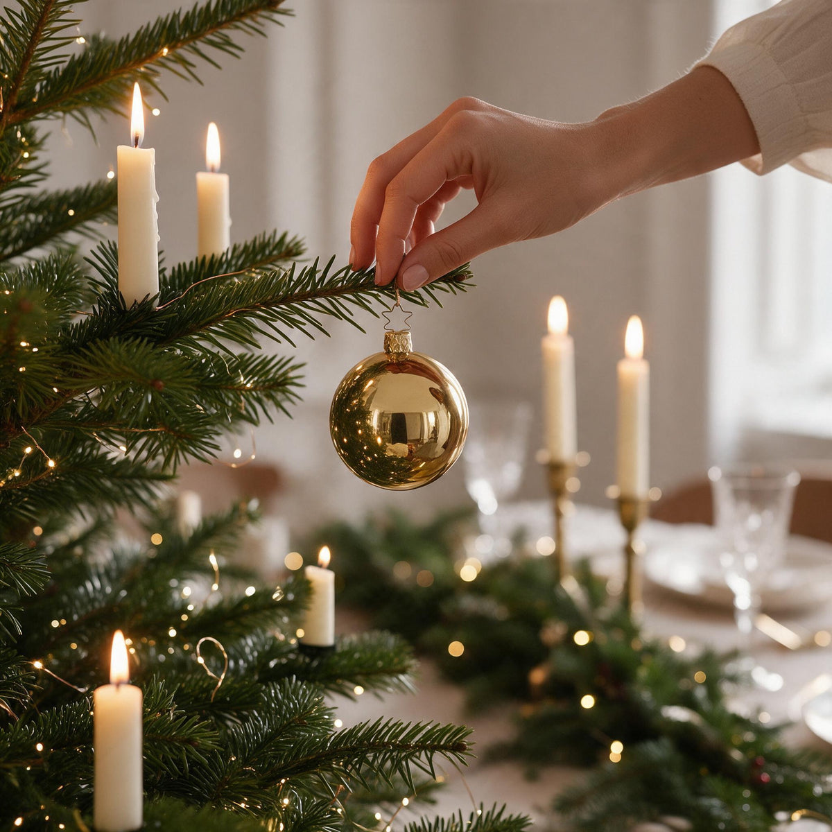 Inge Glas Christbaumkugel inkagold glänzend, 6 cm, wird an einen Christbaum mit Bienenwachskerzen und Lichterkette gehängt, dahinter eine festliche Tafel mit Tannengirlande – Szenenbild mit KI gestaltet, Produkt im Original.