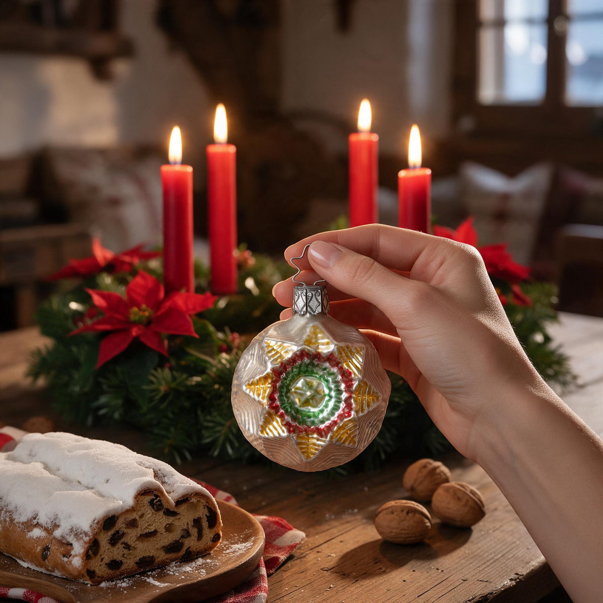 Inge Glas Weihnachtsstern, Reflexkugel, 6,5 cm, in der Hand vor einem Adventskranz mit vier roten Kerzen, Weihnachtssternen, Christstollen und Walnüssen in einer Bauernstube – Szenenbild mit KI gestaltet, Produkt im Original.