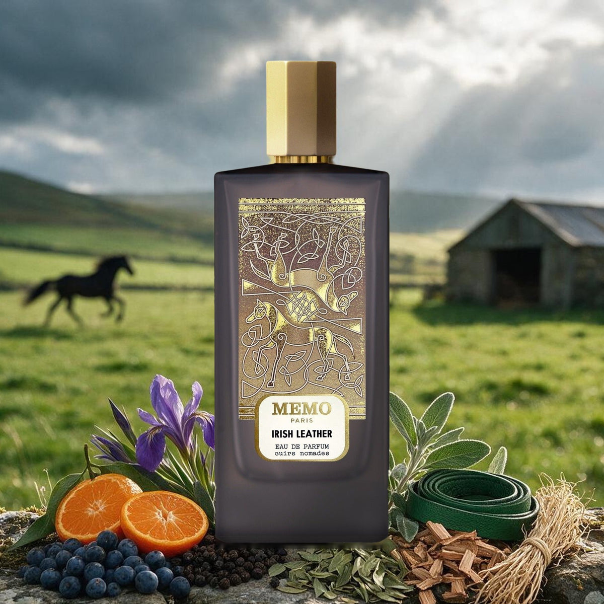 Irish Leather by Memo Paris – bottle on an Irish stone wall with juniper, iris and green leather
