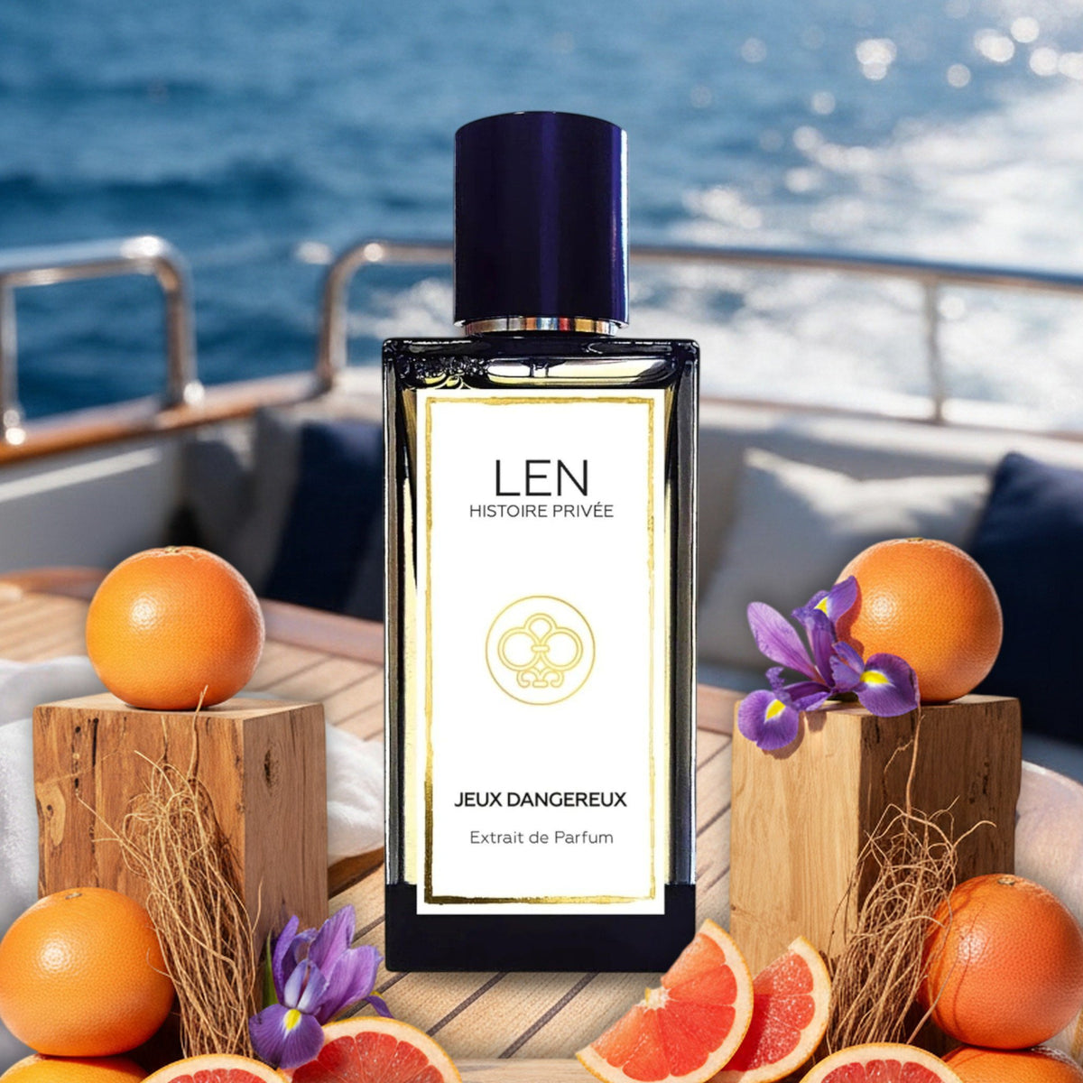Jeux Dangereux von Len Histoire Privée – Flakon mit Grapefruit, Iris, Zedernholz und Vetiver auf einer Yacht im Mittelmeer