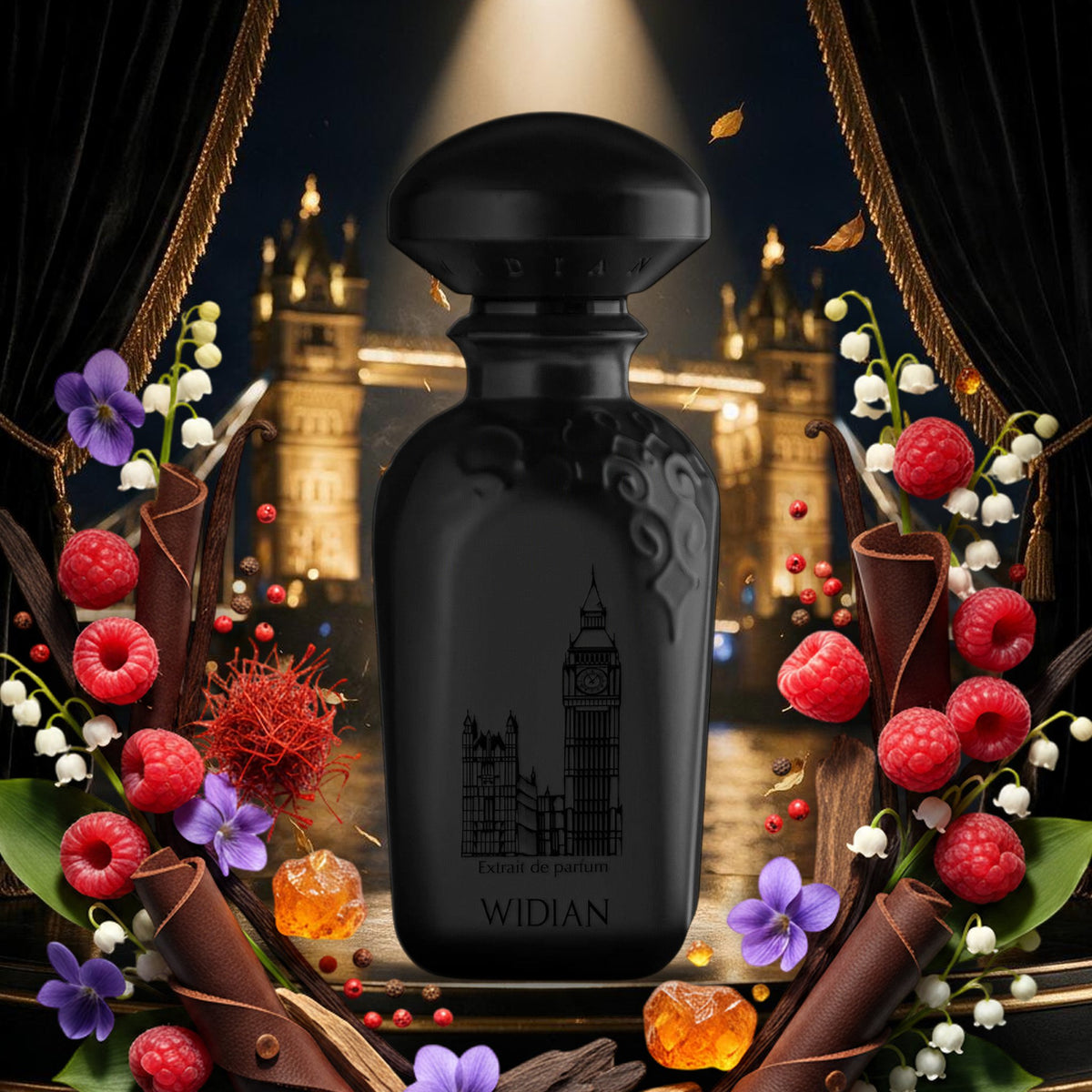 London Black Edition von Widian auf schwarz-goldener Bühne vor Tower Bridge, mit Himbeere, Veilchen, Safran und Leder