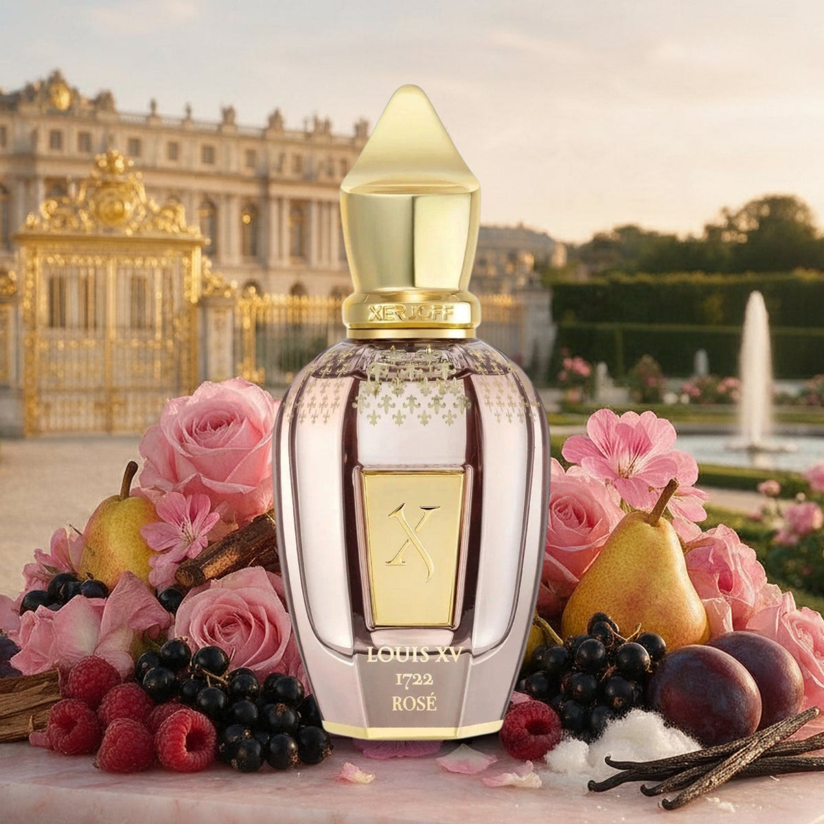 Louis XV 1722 Rosé von Xerjoff mit Damaszener Rosen, Birne, Himbeeren und Pflaumen vor Schloss Versailles im Frühling