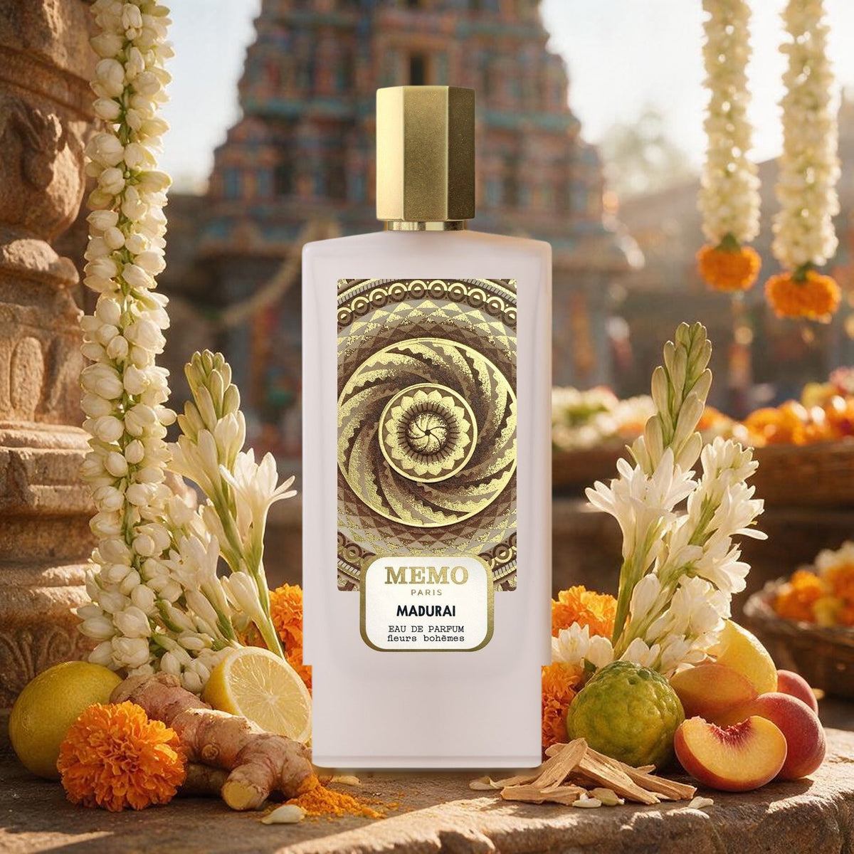 Madurai by Memo Paris – bottle at the temple flower market with jasmine, tuberose, turmeric and peach