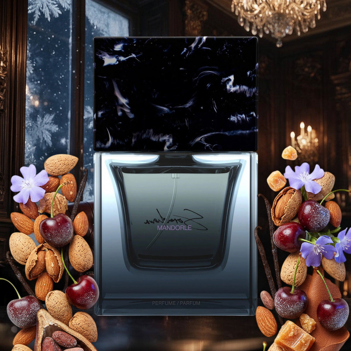 Mandorle von Sora Dora – Flakon mit Mandeln, Kirschen, Kakao, Vanille und Leder im winterlichen Kerzensalon