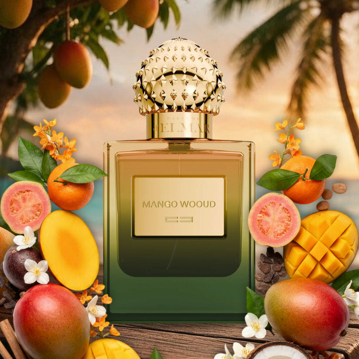 Mango Wooud von Olakala mit Mango, Guave, Passionsfrucht und Kokosnuss am tropischen Strand bei Sonnenuntergang