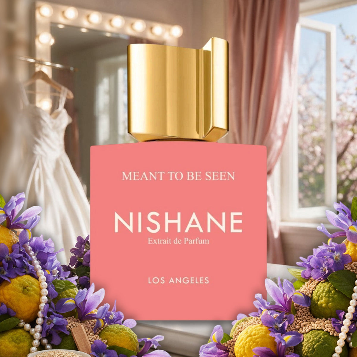 Meant To Be Seen von Nishane in einer Hollywood-Garderobe der 50er im Frühling, mit Veilchen, Iris, Bergamotte und Perlen