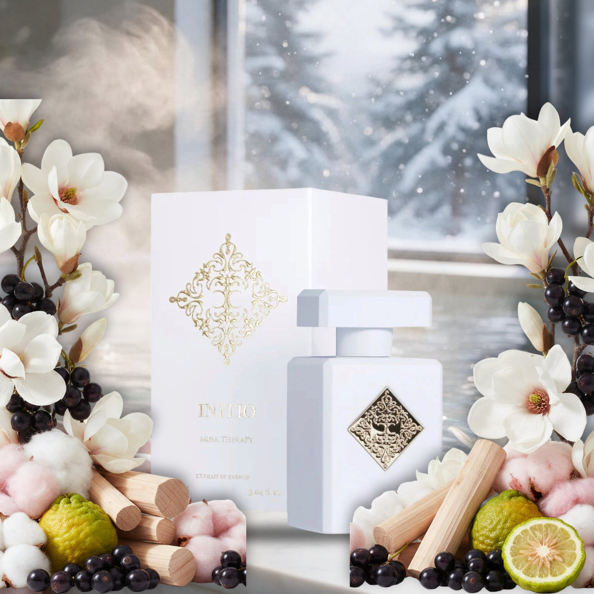 Musk Therapy von Initio am dampfenden Spa-Becken vor verschneiten Tannen, mit Magnolie, Sandelholz und Cassis