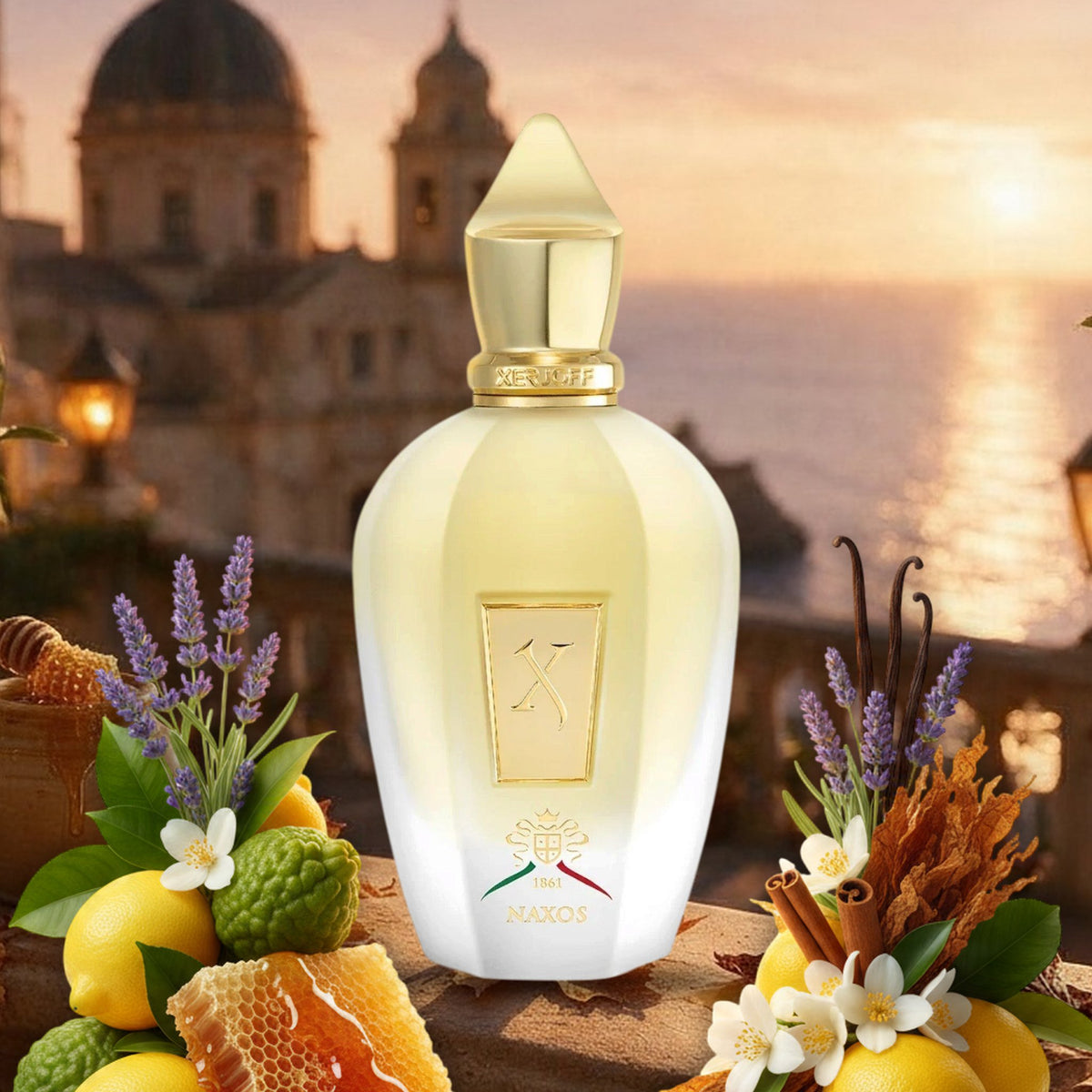 Naxos von Xerjoff mit Zitrone, Bergamotte, Honigwabe und Lavendel auf sizilianischer Barockterrasse im Herbst